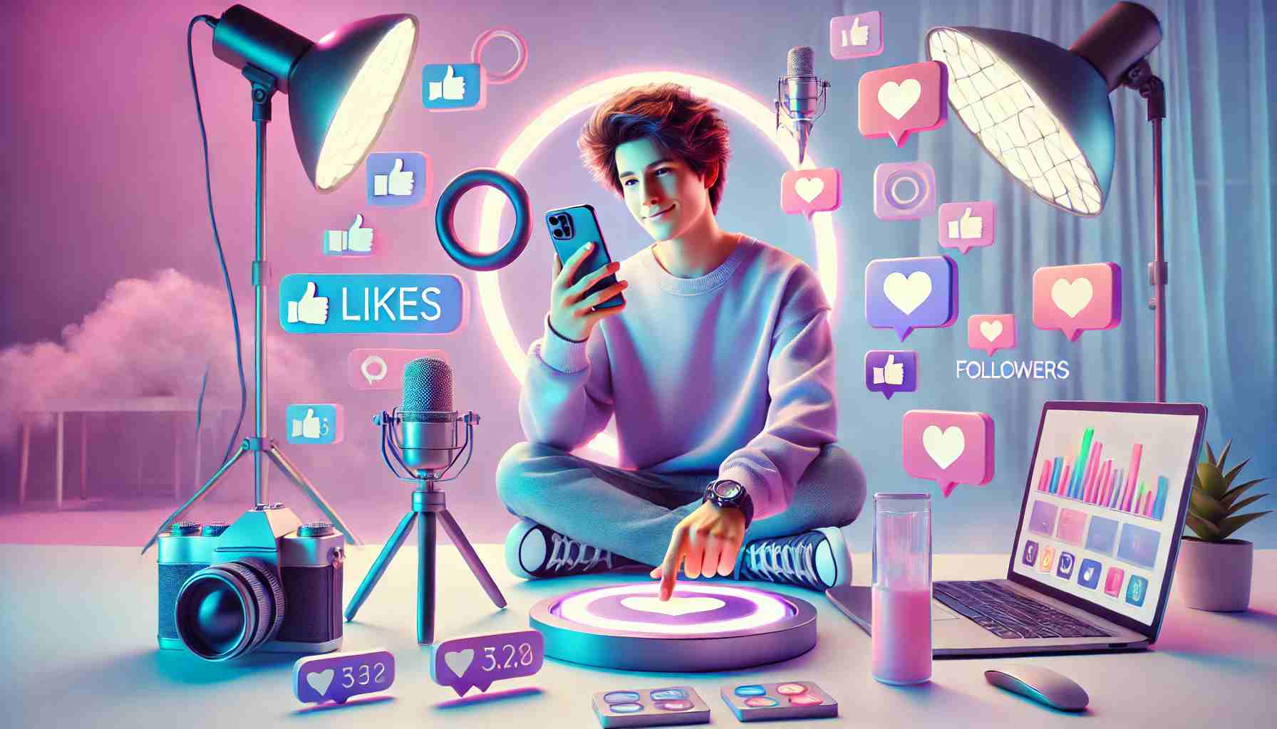 DALL·E 2025 01 16 16.54.30 A horizontal image symbolizing personal branding for influencers. The scene shows a young influencer holding a smartphone creating content in a moder